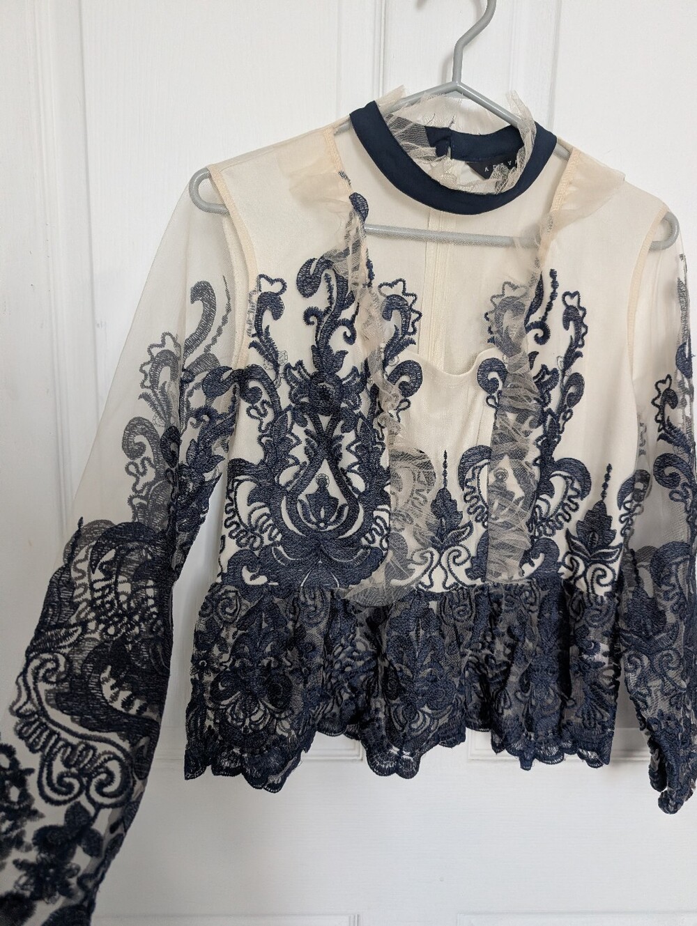 Feminine Women’s Navy Embroidered Sheer Lace Top - Elegant Long Sleeve